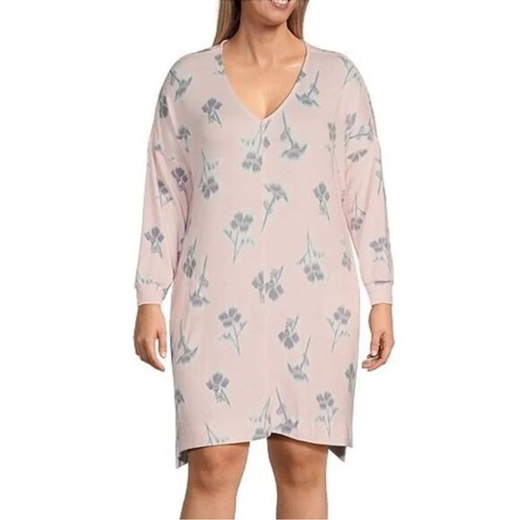 DK 2X Pink White Gray Heather Rose Brushed Mark Jersey Long Sleeve Lounge Gown - Picture 1 of 16
